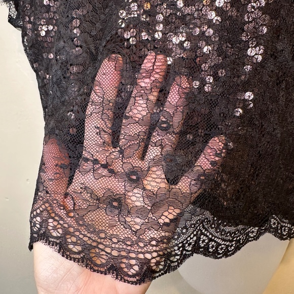 Joie | Addison Caviar Sequin Mesh Lace Cap Sleeves Cropped Fit Glam Boxy Blouse - Picture 10 of 15